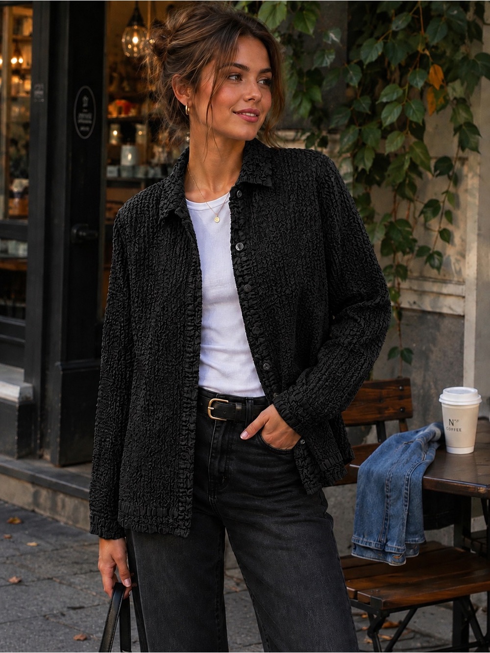 RAFAEL Women's Textured Button-Front Jacket in Black